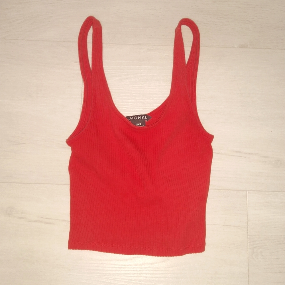 Monki rib scoop neck cropped tank top in Red Top